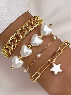 Gold and Pearl Heart & Star Bracelet Set